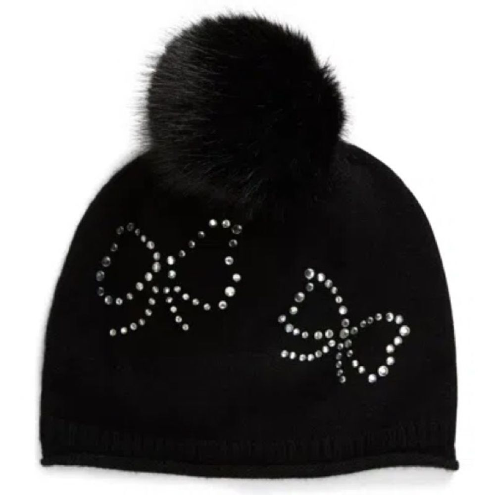 SOPHIA CASHMERE BOW RHINESTONE FAUX FUR POM CASHMERE BEANIE IN BLACK